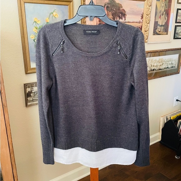 Ivanka Trump zip shoulder layered sweater faux shirt tail SZ S charcoal gray - Picture 2 of 8